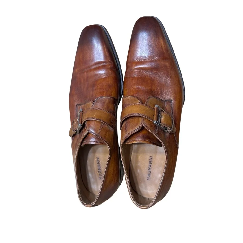 Magnanni Mens Cognac Leather Single Monk Strap Cap Toe Dress Shoes Size 13 Spain